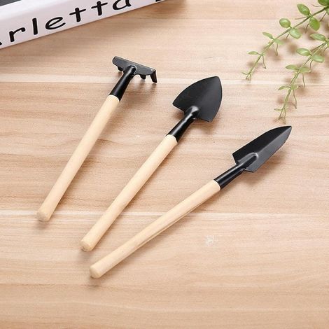 Set Outils De Jardinage - 3 Pièces Râteau Petit Bêche Petite Pelle - Manche Bois Tête Fer Revêtement Antirouille - Pour Bonsaïs Et Plantes En Pot (1/5)
