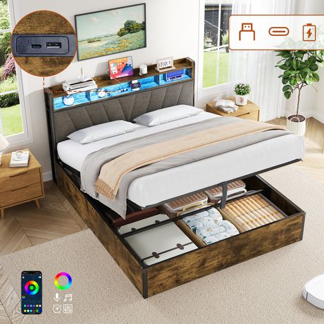 4ft6 Double Bed Frame with Hydraulic Storage, RGB LED Storage Headboard with Charging Station, USB and Type-C Ports, No Box Spring Needed, Easy Assembly, Black+Walnut (No Mattress)