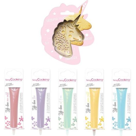 Kit pour biscuits en relief Licorne + 5 stylos choco pastel