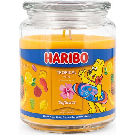 Haribo™ Bougie parfumée Tropical Fun, 2 mèches, 13x10 cm, 100 h, verre, citron vert, pomme, ananas, orange