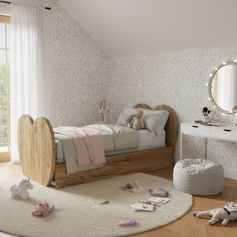 Letto singolo a cuore con secondo letto estraibile - Ideale per camerette - Quercia