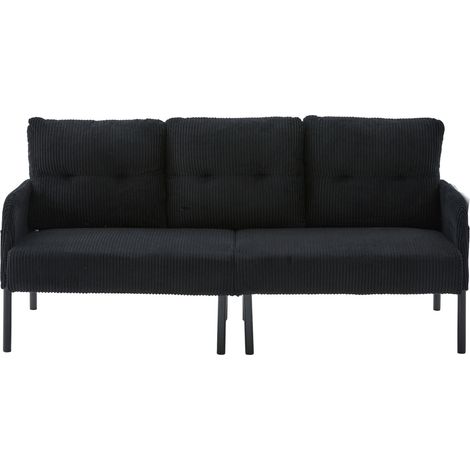 Sofá de 3 plazas de pana negra con respaldo alto, bolsillo lateral y patas de metal (1/5)