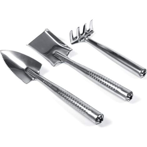 3X Plastic/Stainless Steel Shovel Spade Rake Handle Mini Garden Plant Tool Child Gardening Toy for Home Garden(Stainless Steel)