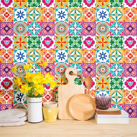 Sticker Mural Carrelage adhésif Cuisine Salle de Bain - 9 STICKERS CARREAUX DE CIMENT AZULEJOS DIANIA - 9stickers10x10cm (1/5)