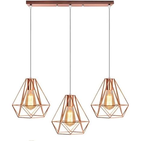Yote Lampe Suspension Industriel en Cage avec 3 Tête, Lustre Plafonnier Luminaire Rétro Pour Restaurant Salon Chambre Or Rose (1/4)