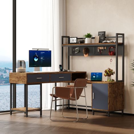 Modernluxe - Bureau d'angle - Structure métallique - 2 tiroirs et panneau arrière en maille métallique - Naturel et noir (1/5)