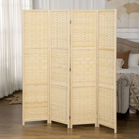 Separador de ambientes de interior de 4 paneles en madera y bambú tejido, separador de ambientes plegable que ahorra espacio, altura 170 cm, natural. (1/5)