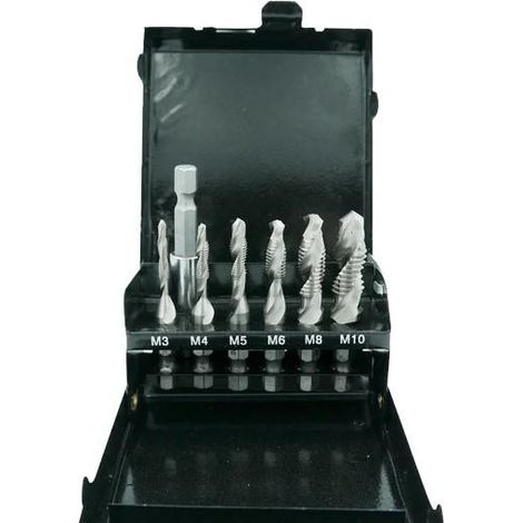 Juego de brocas para roscar M3-M10 de 7 piezas, color plata.