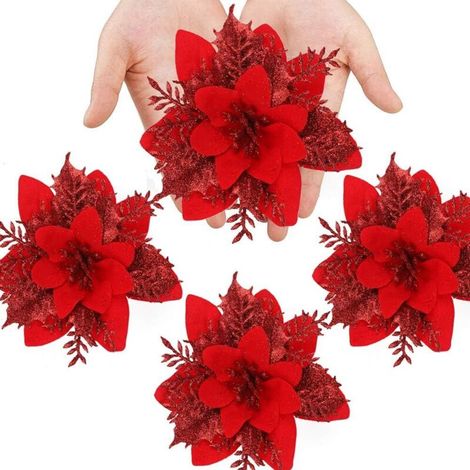 Set di 12 fiori natalizi artificiali (rossi), stelle di Natale, decorazioni per l'albero di Natale (1/4)