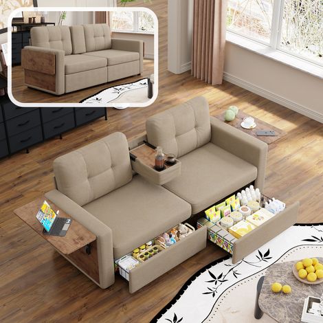 2-Sitzer-Sofa 178 x 71 x 57,5 cm aus Chenille, Khaki, mit Schubladen – MEUBLIV (1/5)