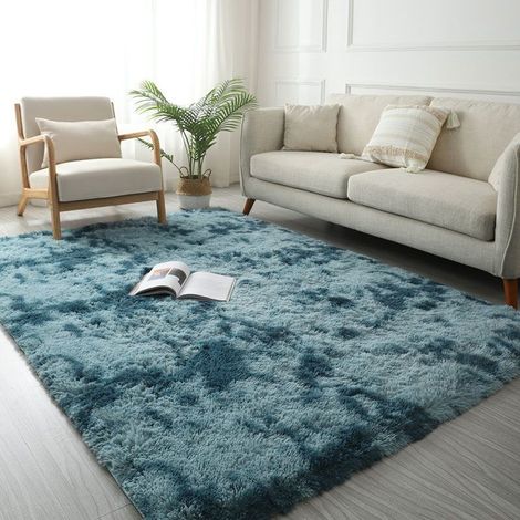 Tapis Long Poil 80x160cm Bleu Marine Tie Dye Moderne Ultra Doux Salon Chambre Enfant Hypoallergénique Facile à Nettoyer (1/4)