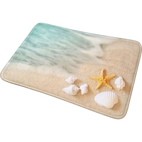 Badematte mit Strand-, Seestern- und Muschelmuster. Waschbar und geeignet für Badezimmer, Küchen, Schlafzimmer und andere Innenräume. Maße: 40 x 60 cm.