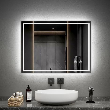 EMKE LED Badspiegel mit Anti Fog 60x80cm Kaltweiß Dimmbar Touch Steuerung mit Doppel Satinierter Rand
