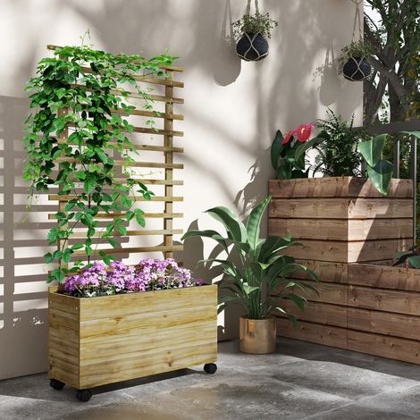 Jardinière verticale avec 4 roues et treillis pour plantes grimpantes en bois, 76x30x155 cm, couleur bois (1/5)