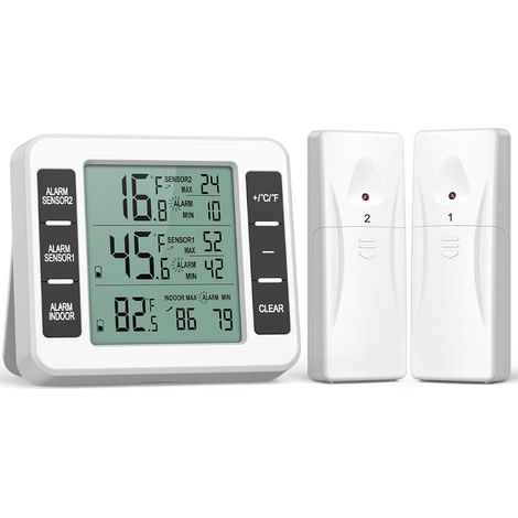 Thermomètre de réfrigérateu sans fil pour intérieur et extérieur, capteur de température avec alarme sonore et jauge de température pour cuisine, congélateur, maison (batterie non incluse) (1/5)