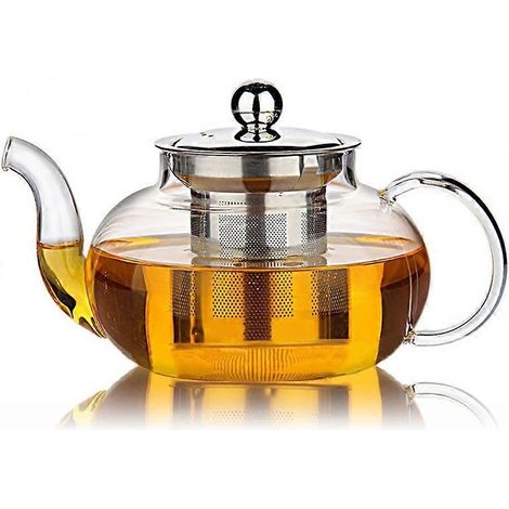 Théière en verre Hiware avec couvercle amovible en acier inoxydable et passoire, 975 ml, compatible avec les plaques de cuisson, pour thés fleuris et en vrac (FMY) (1/5)