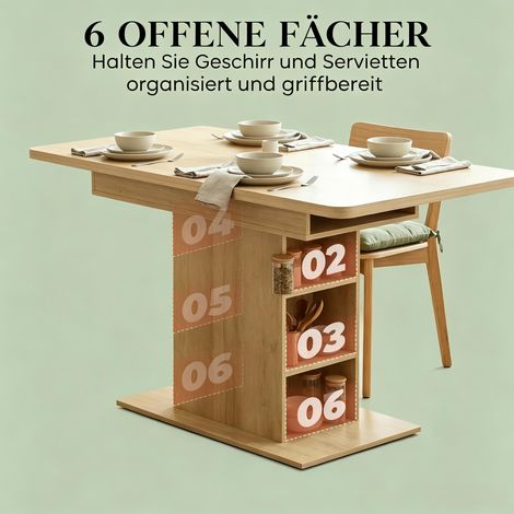 Table extensible rectangulaire pour 4 à 6 personnes, table de cuisine 110-130 cm, 6 étagères ouvertes (1/5)