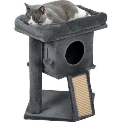 Arbre à chat, poteau en jute, balle suspendue interactive, Gris Foncé, 40X40X57 cm-b (1/2)