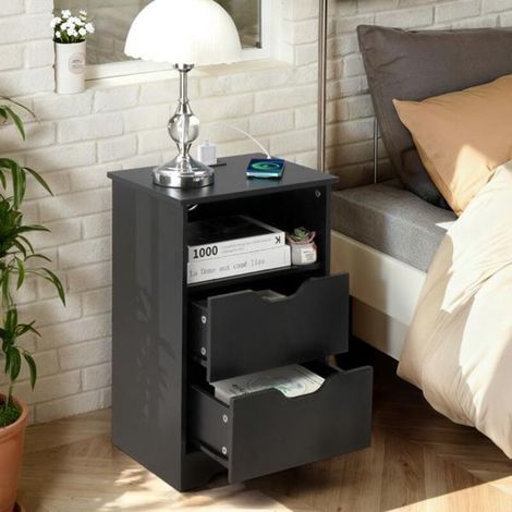 Panneau de particules P2 noir, revêtement mélaminé avec texture lin, sans poignée, deux tiroirs avec un compartiment supérieur, (1/5)