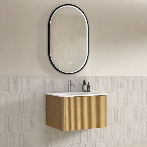 Conjunto de muebles de baño con espejo, mueble de lavabo de 60 cm con armario bajo, premontado, armario a rayas con un cajón, color roble, espejo ovalado de 50 × 80 cm con pedrería y marco negro. (1/5)