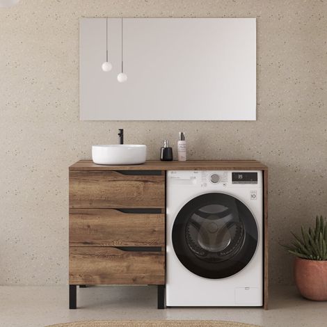 Meuble lave linge 124cm avec plateau et vasque ronde - 3 tiroirs - tabacco (chêne foncé) - SANTA (1/5)