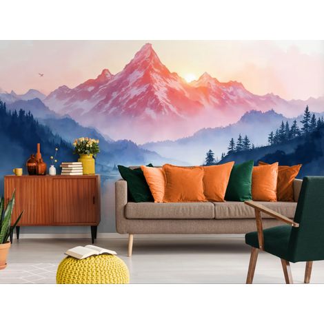 papier peint aquarelle – montagne rose brumeuse - 150 x 250 cm (1/2)