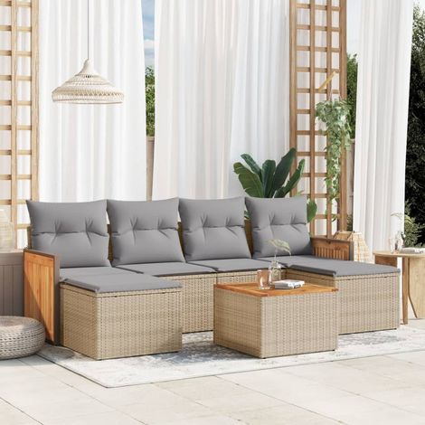 Ensemble de canapé de jardin 7 pièces avec coussins, en polyrotin beige (1/5)