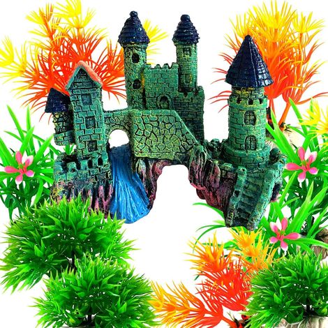 Ornement Aquarium - 1 Pièce - Résine - Château avec Plantes - Décoration Cachette Poisson - 15x15x6,5cm (1/5)