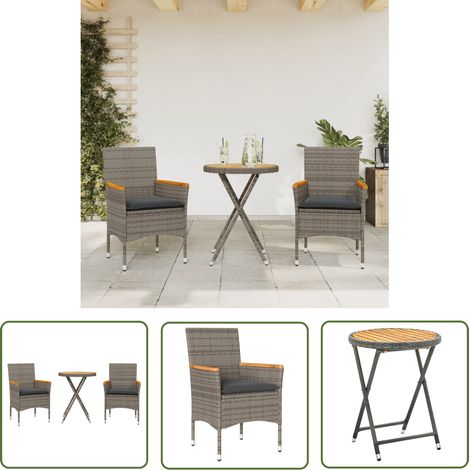 The Living Store 3-tlg. Bistro-Set mit Kissen Grau Poly Rattan & Akazienholz - Gartensitzgruppe - Bistroset - Outdoor Möbel - Gartenmöbel - Esstisch (1/5)