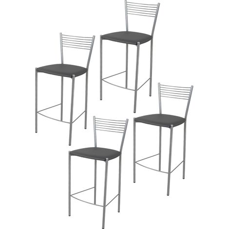 Tommychairs - Set 4 sgabelli alti modello Elegance per cucina e bar, struttura in acciaio verniciata colore alluminio e seduta imbottita e rivestita in pelle artificiale colore grigio scuro (1/4)