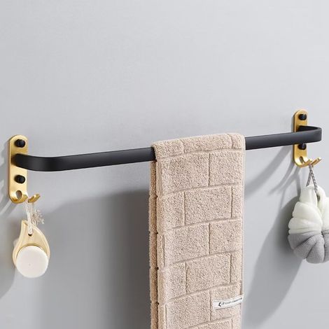 Porte-Serviette Salle de Bain sans Percage, Barre Serviette Murale Noir avec 2 Crochets, Aluminium, 30cm, 1 Couche, Cuisine Or Noir (1/5)