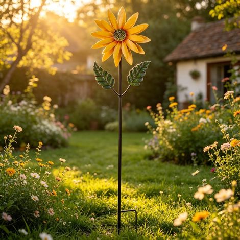 Carillon à vent tournesol en métal avec piquet de jardin 95 cm, décoration extérieure rotative pour jardin (1/5)