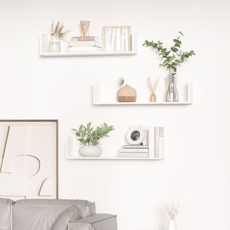 Cloison amovible Lot de 3 étagères murales flottantes - dim. 80L x 18l x 18H cm - kit complet de fixation inclus - MDF grain de bois blanc (1/5)
