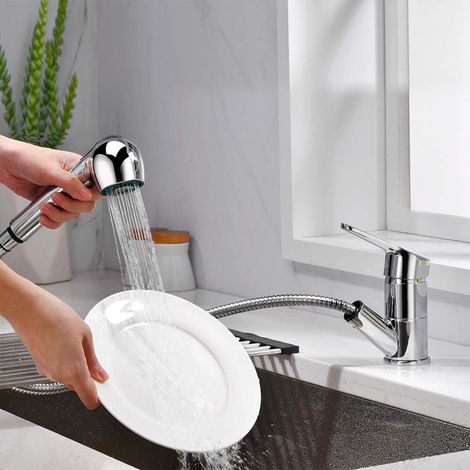 Mitigeur d'évier, bec bas, mitigeur de cuisine avec douchette extractible, chromé