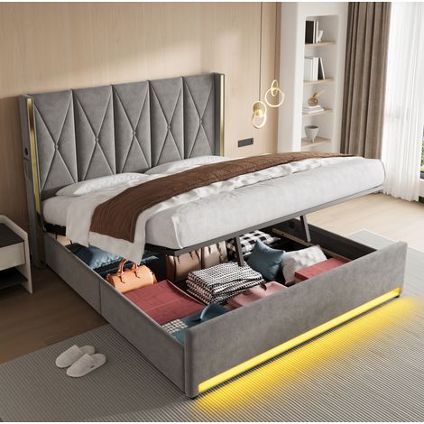 Lit coffre 180/200 cm gris foncé en velours avec USB, USB-C, LED et tête de lit capitonnée (1/5)