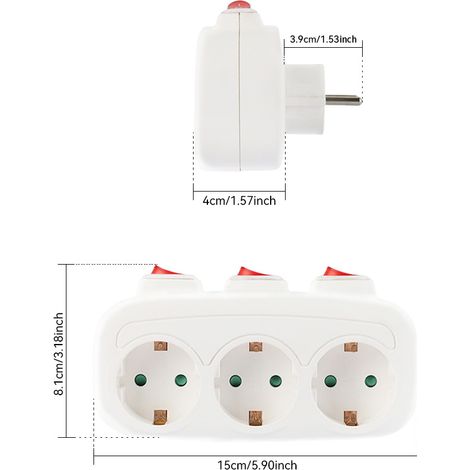 Multiprise CILIA 3-en-1 avec 3 interrupteurs indépendants, 16 A 250 V 3 500 W, triple prise compacte, verrou de sécurité pour adaptateur électrique universel Schuko (1/5)
