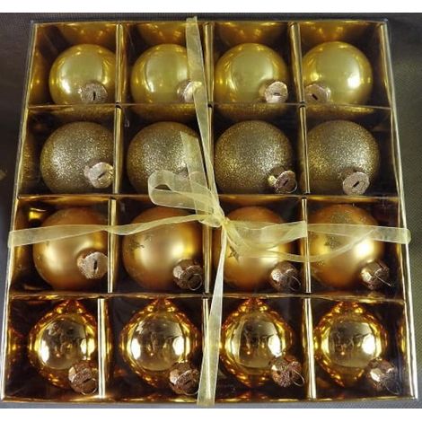 Juego de 16 bolas de plástico doradas de 6 cm de diámetro en una caja. (1/2)