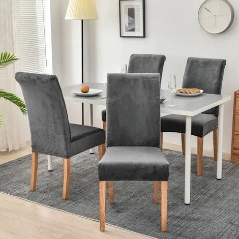 Set mit 4 Stretch-Stuhlhussen, geeignet für Esszimmerstühle, aus Stretch-Spandex-Gewebe mit Gummiband, große Samt-Esszimmerstuhlhussen (dunkelgrau). (1/5)