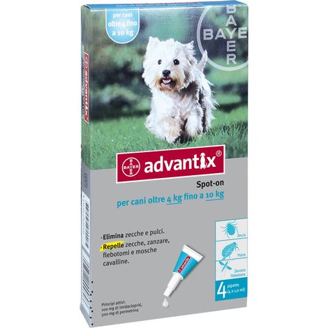 Advantix per cani da 4 a 10 Kg Spot-On repellente contro pulci zecche zanzare BAYER - 4 Pipette