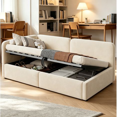 Letto contenitore 90x200 cm convertibile in divano, velluto beige, testiera reversibile, DESVIAE (1/5)