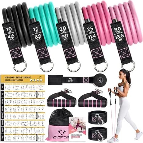 Bandes De Resistance Avec Poignees - 5 Niveaux De Tension 10 15 20 25 30 Lbs - Pour Rehabilitation Physique Yoga Pilates Renforcement Musculaire - Lot Complet (1/3)