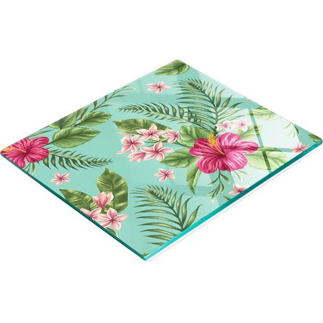 Tabla de cortar y servir decorativa de vidrio con dise帽o de flores hawaianas, 60x52 cm.
