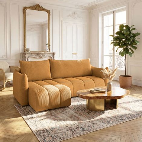 Ecksofa Schlafsofa ONTARIO XS in Stoff Poso Senfgelb Ottomane Links