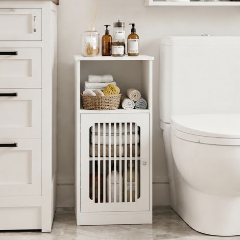 Mobiletto da bagno basso e autoportante con anta a doghe, vani portaoggetti a più livelli, in MDF bianco e truciolato (1/5)