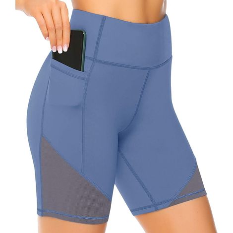 Short de yoga taille haute en maille pour femme avec poches profondes, short cycliste de sport pour femme (1/5)