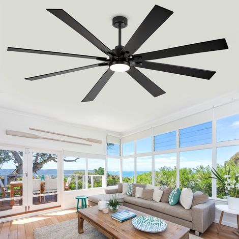 MSHENUED Ventilateur Plafond Industriel Extérieur avec Lumière Télécommande, Moteur DC Silencieux Dimmable 5CCT, 8 Noir Réversibles Pales, Terrasse Véranda - 182cm