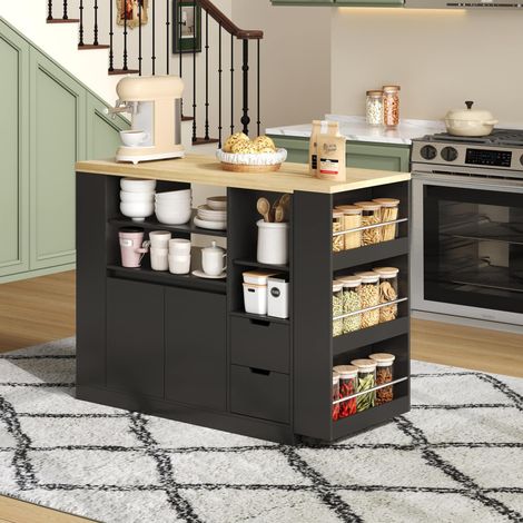Isola cucina con piano rotante estensibile e contenitori, nero e naturale OKMYHOME (1/5)