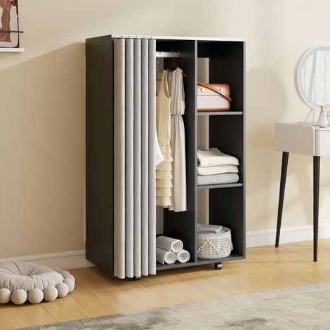 Mobiler Kleiderschrank mit 4 Rollen, Kleiderstange und offenen Regalen, 80 x 40 x 128 cm, schwarz