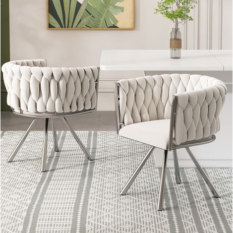 Silla de comedor giratoria, lote de 2, en terciopelo beige y plata, estructura de metal DESVIAE (1/5)