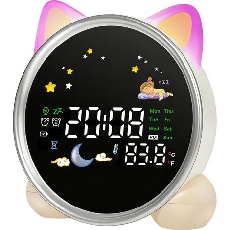 Nachtlicht-Wecker für Kinder mit Schlaftimer, Einschlafhilfe und Temperatursensor – Niedliche Katzen-Schlafzimmerdekoration